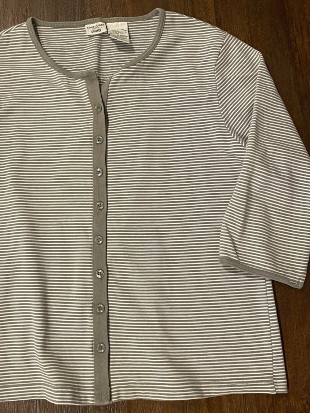 Faded Glory button-down knit top with grey & white stripes. Large.